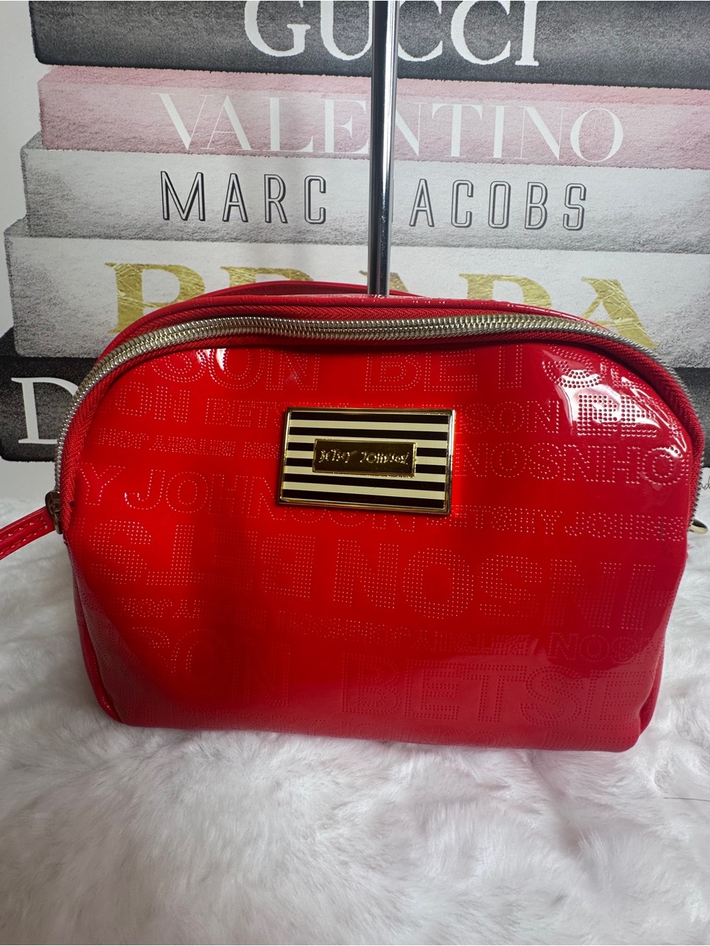 Betsey Johnson Glossy Red Patent Crossbody bag with Gold Plaque